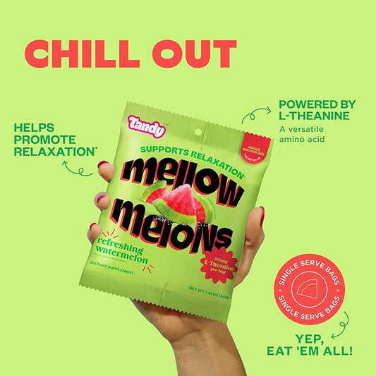 Tandy Mellow Melons L-Theanine Gummies I Relaxation Gummies with Refreshing Watermelon Flavor I Calming Gummies for Adults I Gluten-Free Fast-Acting Dietary Supplement Gummy I 6-Pack