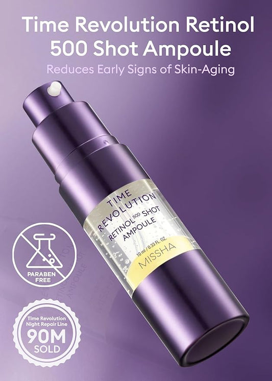 MISSHA Time Revolution Night Repair Retinol Intensive Ampoule 0.33 Fl oz - Advanced Korean Facial Serum for Skin Barrier Strengthening, Improved Elasticity, Radiance, Overnight Moisturization