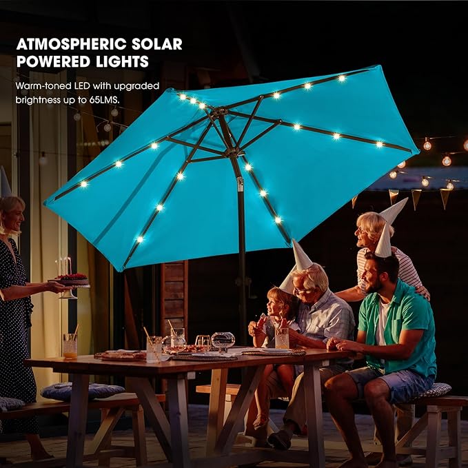 wikiwiki 7.5ft Solar Led Patio Umbrella, Sturdy Outdoor Market Umbrella for Deck, Pool, Garden w/Tilt, Crank, 18 LED Lights, Sky Blue