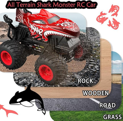 1:20 RC Car for Kids, 2.4GHz Remotes, Red Shark Monster Truck Toys, All Terrain Stunt Remote Control Car with Music, Light, 2 Rechargeable Batteries, Gifts Presents for Boys/Girls Ages 3+