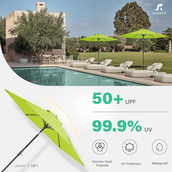 JEAREY 7.5FT Patio Umbrella Market Table Umbrella with 6 Sturdy Ribs, Push Button Tilt/Crank Outdoor Umbrella for Garden, Deck, Backyard, Pool and Beach,Apple Green