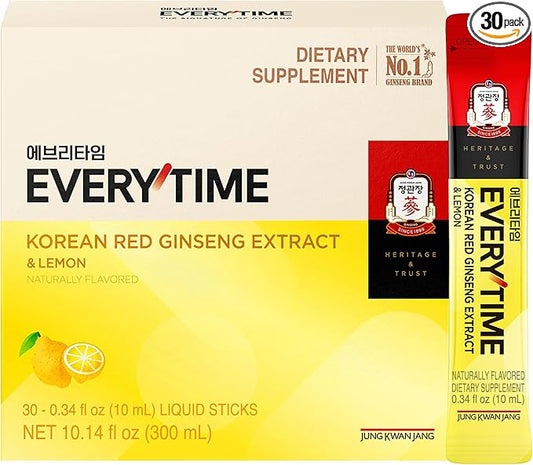 Everytime Korean Red Ginseng Extract 1,050mg & Lemon - Vegan Ginseng Root Energy Drink Liquid Stick Supplements - Builds Stamina & Immunity, No Caffeine Non-GMO (30 Sticks, 0.34 fl oz)