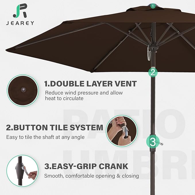 JEAREY 7.5FT Patio Umbrella Market Table Umbrella with 6 Sturdy Ribs, Push Button Tilt/Crank Outdoor Umbrella for Garden, Deck, Backyard, Pool and Beach,Brown