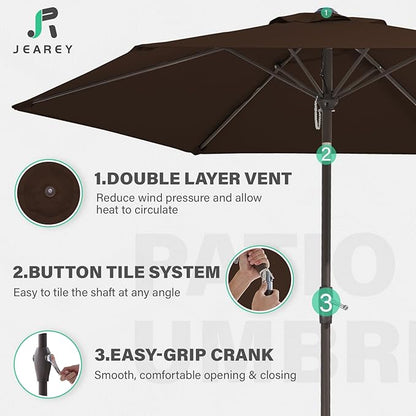 JEAREY 7.5FT Patio Umbrella Market Table Umbrella with 6 Sturdy Ribs, Push Button Tilt/Crank Outdoor Umbrella for Garden, Deck, Backyard, Pool and Beach,Brown
