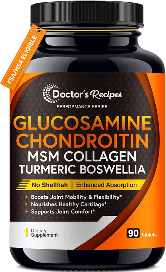 Doctor's Recipes Glucosamine Chondroitin MSM Turmeric Quercetin, Joint Support Supplement for Men & Women, with Black Pepper for High Absorption, Complete Joint Care, No Shellfish, 90 Tablets