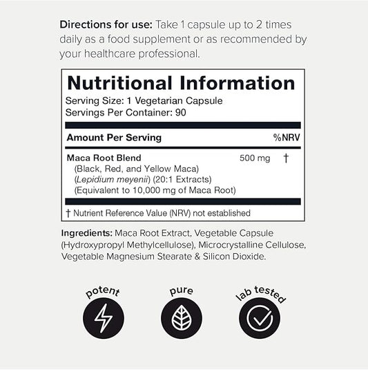 Toniiq 10,000mg 20x Concentrated Extract - Single Origin Wildcrafted Maca Root Capsules - Ultra High Strength - Highly Purified Peruvian Maca Root Powder - Black, Red and Yellow Maca Complex