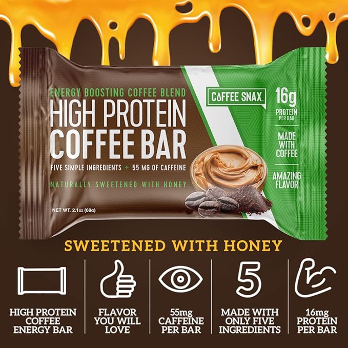 Protein Coffee Energy Bar, Made with Five Simple Ingredients, All Natural, Gluten Free, Non GMO & 16g of Protein, Made with Real Coffee (55mg Caffeine per bar), 12 Bars (Peanut Butter)