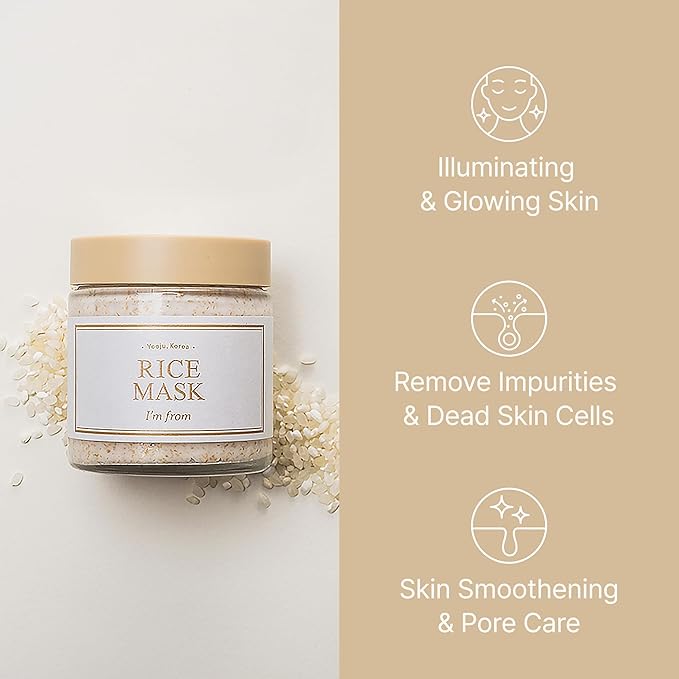 I'm from Rice Mask 3.88 Oz + Toner 1.01 Fl Oz, Korean Exfoliate and Glow Set, Smooth and Glowing Skin, Wash Off Mask for Dry Sensitive Skin