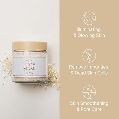 I'm from Rice Mask 3.88 Oz + Toner 1.01 Fl Oz, Korean Exfoliate and Glow Set, Smooth and Glowing Skin, Wash Off Mask for Dry Sensitive Skin