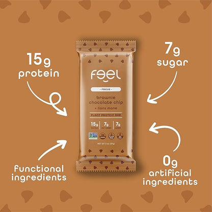 Feel Vegan Protein Bars | Brownie Chocolate Chip | Keto | Gluten Free | Organic | Lions Mane | 15g Plant Protein | Low Carb | High Protein | Dairy Free | Low Sugar | Grain Free | Nut Free | Soy Free | Non GMO - (Brownie Choco Chip, 10 Pack)