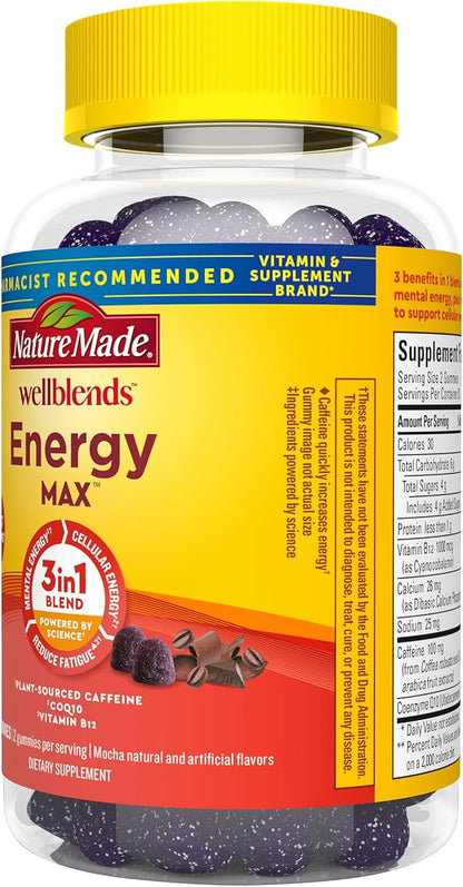Nature Made Wellblends EnergyMAX Gummies, Fast Acting Caffeine, CoQ10 & Vitamin B12 1000mcg, Energy Support Gummy Vitamins, 40 Gummies