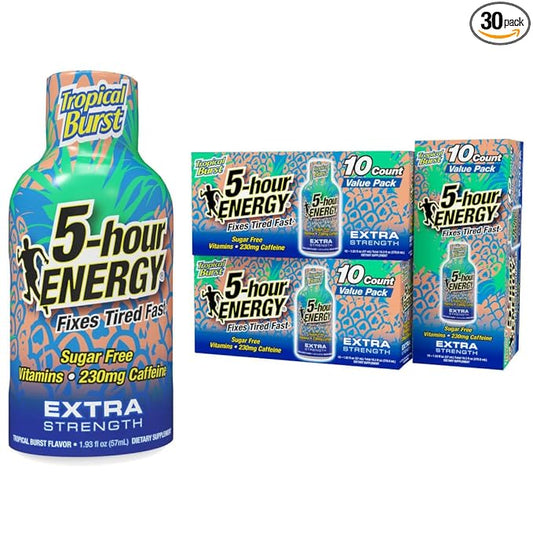 5-Hour ENERGY Shots Extra Strength | Tropical Burst Flavor | 1.93 oz. 30 Count | Sugar Free, Zero Calories | Amino Acids and Essential B Vitamins | Dietary Supplement | Feel Alert and Energized