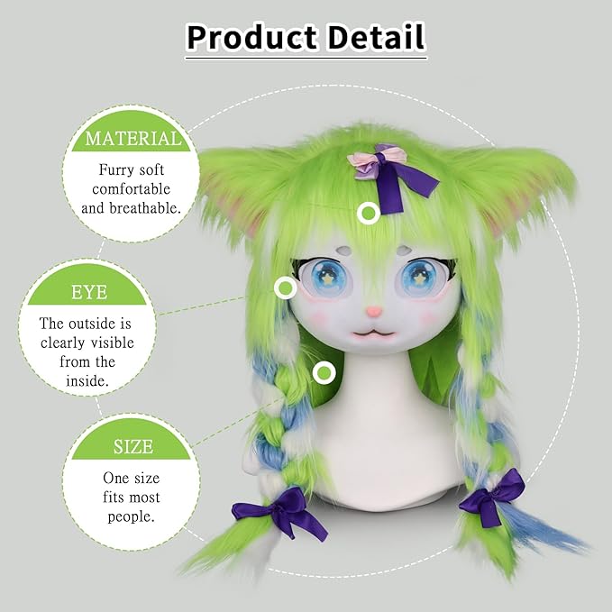 JUNBOON Furry Animal Headgear Beast Full Head Mask Headwear Doll Cosplay Costume Halloween Fursuit