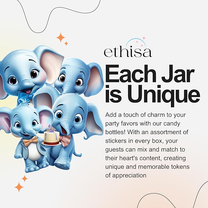 Small 12 Pack Blue Elephant Party Favors - Candy Jars with Ribbons and Stickers - DIY Party Decoration Bottles for Baby Shower, Birthday, Gender Reveal, and Classroom - Boy Table Centerpiece