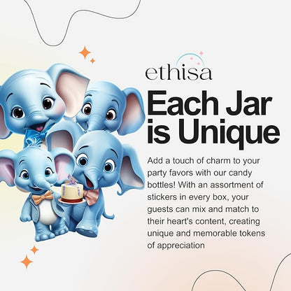 Small 12 Pack Blue Elephant Party Favors - Candy Jars with Ribbons and Stickers - DIY Party Decoration Bottles for Baby Shower, Birthday, Gender Reveal, and Classroom - Boy Table Centerpiece