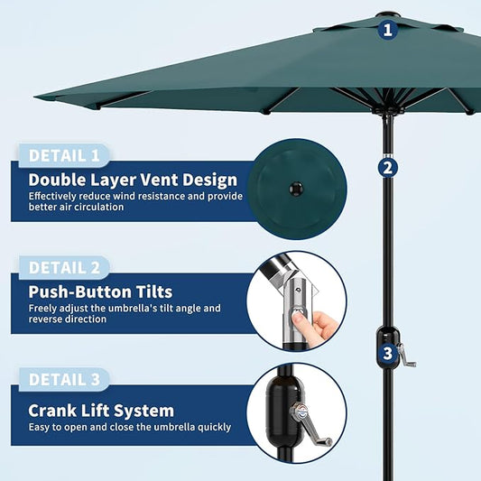 9Ft Patio Umbrella - 8 Sturdy Ribs Outdoor Table Umbrella with Crank Lift & Push Button Tilt - Market Umbrella for Pool, Deck, Yard, Garden - Turquoise