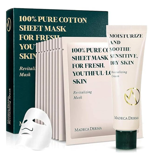 Madeca DERMA Revitalizing Cream & Revitalizing Sheet Mask 10-Pack Bundle – Intense Hydration & Skin Recovery Set, Centella Asiatica & Niacinamide – Korean Skincare (1.69 fl oz + 10 Sheet Masks)