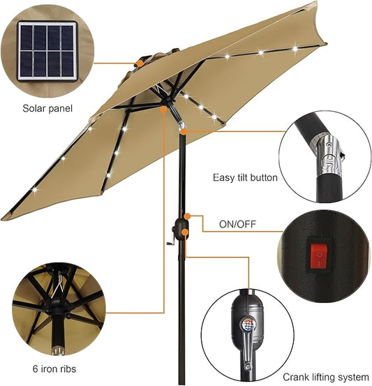 Blissun 7.5 ft Solar Umbrella, 18 LED Lighted Patio Umbrella, Table Market Umbrella
