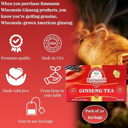 Baumann Premium American Ginseng Tea Bags (20 Tea Bags) - Authentic Panax Wisconsin Grown Panax Ginseng Herbal Tea - Healthy Green Tea with Antioxidant Ginsenosides for Enhanced Focus & Energy