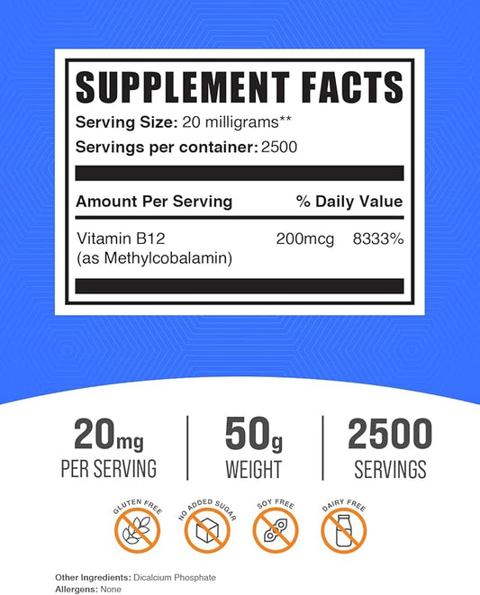 BulkSupplements.com Vitamin B12 Methylcobalamin Powder - 1% B12 Methylcobalamin, Essential B Vitamin - B12 Supplement, Gluten Free, 20mg per Serving, 50g (1.8 oz) (Pack of 1)