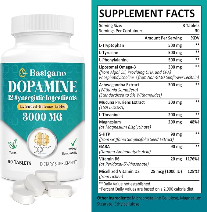 Natural Dopamine Supplement - Gluten-Free - 90 Tablets(Pack of 2)