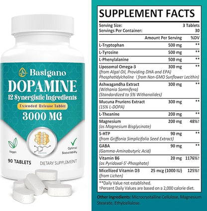 Natural Dopamine Supplement - Gluten-Free - 90 Tablets(Pack of 2)
