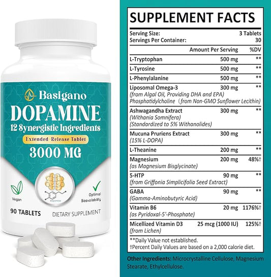 Natural Dopamine Supplement - Gluten-Free - 90 Tablets(Pack of 2)