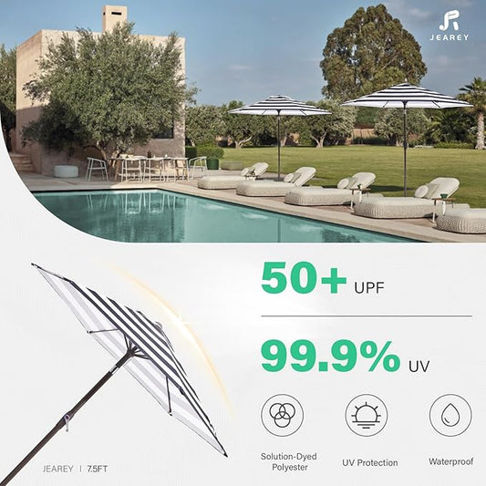 JEAREY 7.5FT Patio Umbrella Market Table Umbrella with 6 Sturdy Ribs, Push Button Tilt/Crank Outdoor Umbrella for Garden, Deck, Backyard, Pool and Beach,Black-White Stripe