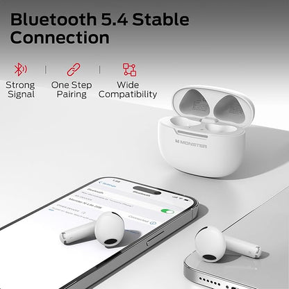 Monster N-Lite 208 Wireless Earbuds, Bluetooth Earbuds Touch Control, Headphones Bluetooth Wireless with 30H Playtime, Type-C Fast Charging, Clear Call, Comfortable Fit for Running, White