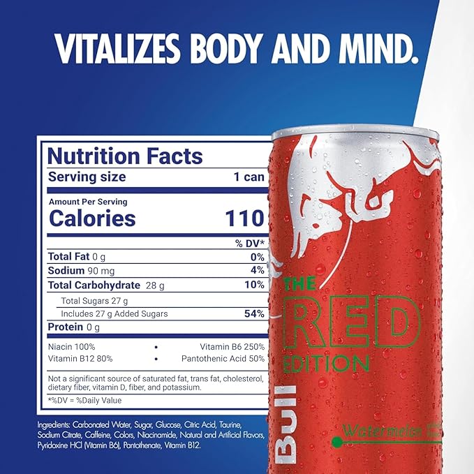 Red Bull Red Edition Energy Drink, Watermelon, with 80mg Caffeine plus Taurine & B Vitamins, 8.4 Fl Oz, Pack of 4 Cans