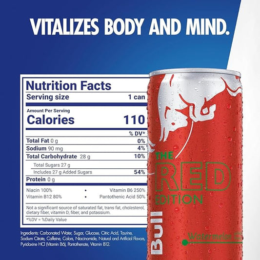 Red Bull Red Edition Energy Drink, Watermelon, with 80mg Caffeine plus Taurine & B Vitamins, 8.4 Fl Oz, Pack of 4 Cans