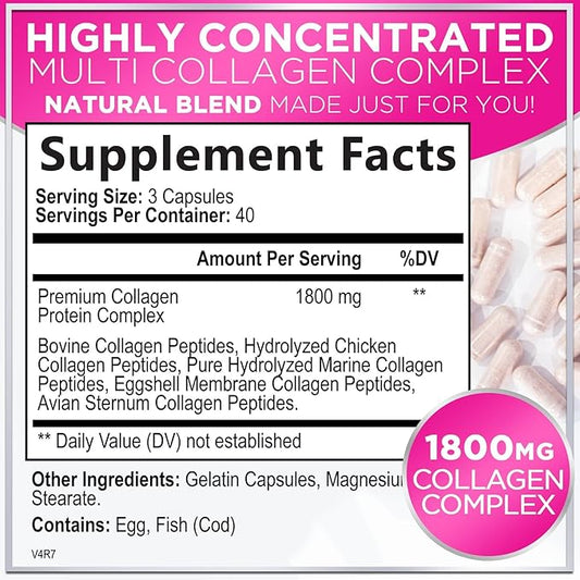Collagen Peptides Powder Capsules for Women, 1800mg Hydrolyzed Collagen Type I, II, III, V & X, Hair, Nail, Skin, Bone & Joint Support, Collagen for Women & Men, Grass-Fed Collagen - 120 Capsules