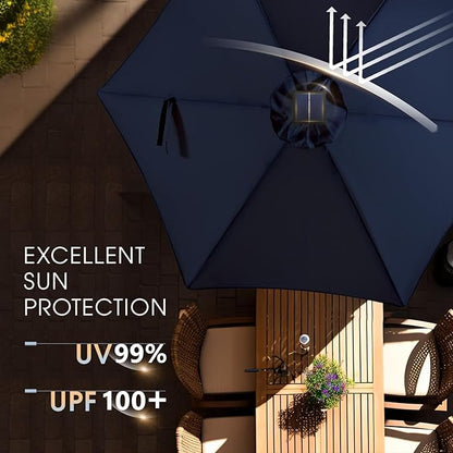 wikiwiki 7.5ft Solar Led Patio Umbrella, Sturdy Outdoor Market Umbrella for Deck, Pool, Garden w/Tilt, Crank, 18 LED Lights, Navy Blue