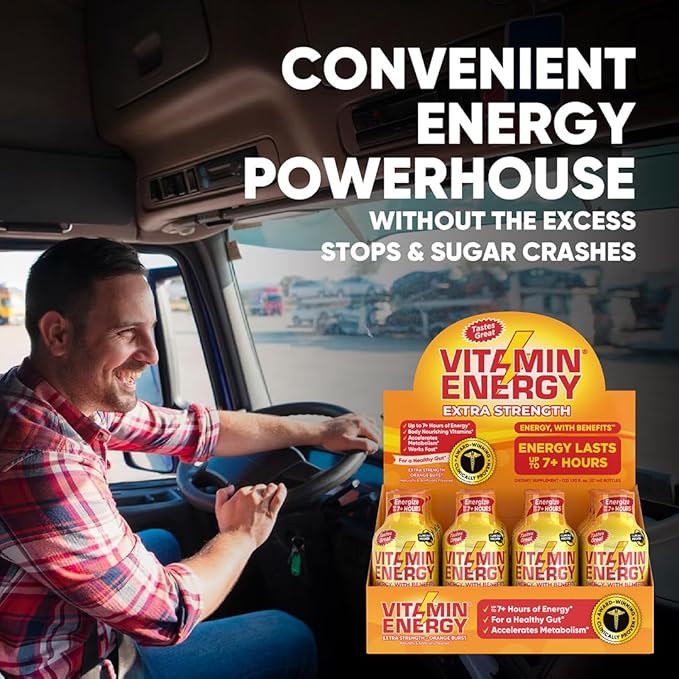 Vitamin Energy Immune+ Extra Strength Energy Shot – Orange Burst – 100% DV B-Vitamins & 260mg Caffeine – Zero Calories, Sugar-Free, Vegan, – Immunity & Energy Support – 1.93 fl oz, 12-Pack