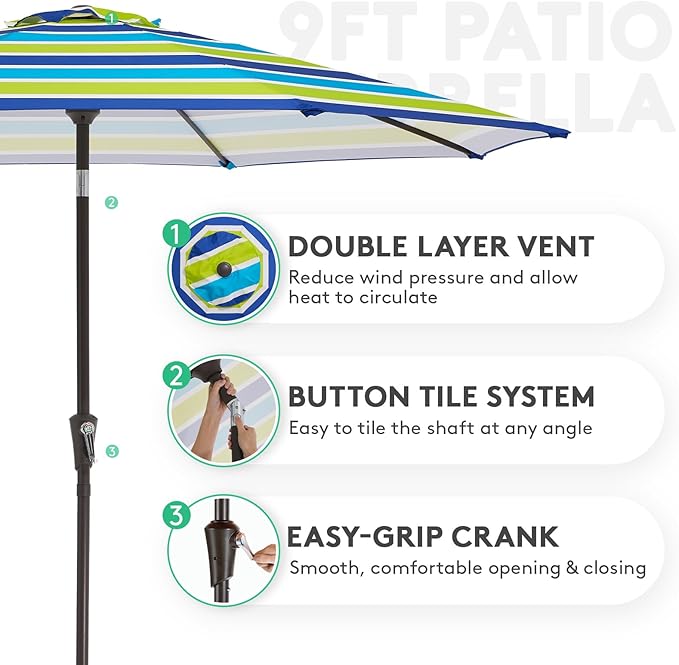 JEAREY 9FT Outdoor Patio Umbrella Outdoor Table Umbrella with Push Button Tilt and Crank, Market Umbrella 8 Sturdy Ribs UV Protection Waterproof for Garden, Deck, Backyard, Pool (Blue-Green Stripe)