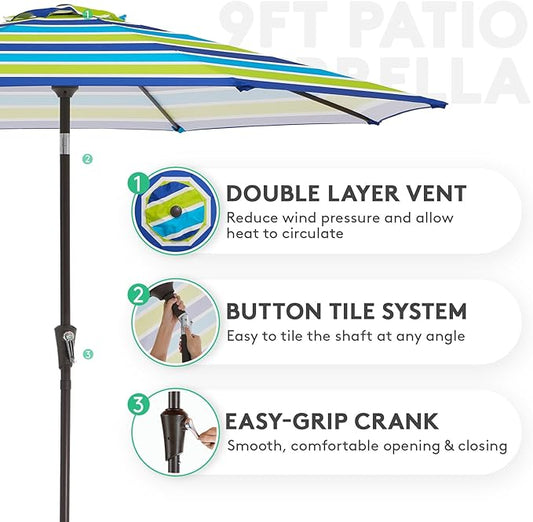 JEAREY 9FT Outdoor Patio Umbrella Outdoor Table Umbrella with Push Button Tilt and Crank, Market Umbrella 8 Sturdy Ribs UV Protection Waterproof for Garden, Deck, Backyard, Pool (Blue-Green Stripe)