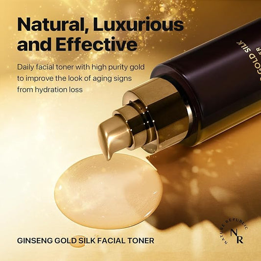 Nature Republic Ginseng Gold Silk Facial Toner, Hydrating Glow Toner for face, Niacinamide & Silk Amino Acid, Royal Jelly Extract, Korean Skin Care for All Skin Types 130 ml / 4.39 Fl. oz.