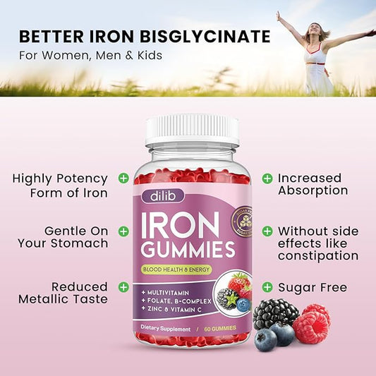 Iron Gummies with Multivitamin, Iron Supplement for Women & Men with Zinc, Vitamin B Complex & C, B12, Folate - Blood Builder & Energy Support for Adults & Kids - Mixed Berry Flavor, Vegan 60 Gummies