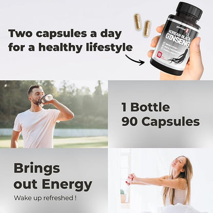 Korean Black Panax Ginseng Capsule 1000mg - 90 Vegan Capsules Non GMO, High Ginsenosides, High Absorption Rate, Enhance Immunity, Mental Performance, Stamina & Energy, Men & Women