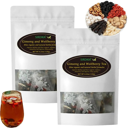 Ginseng And Wolfberry Tea,Ginseng Nine Treasure Tea,Red Date Wolfberry Mulberry Tea Organic Kidney Cleanse Chinese Herbal Red Ginseng Tea For Men Women (2Bag)