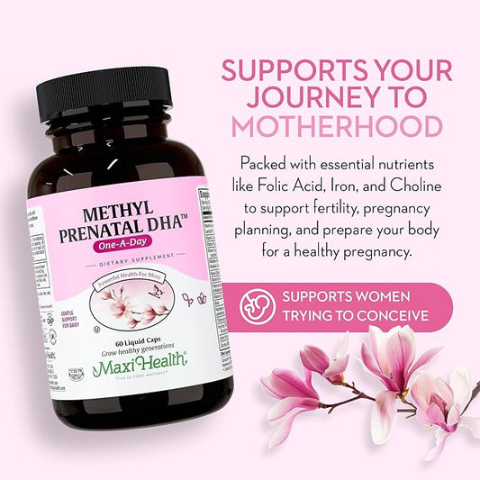Maxi Health - Methyl Prenatal DHA Prenatal Vitamins Women - Doctor Formulated, Kosher, Gluten Free Prenatal Multivitamin with 25 Nutrients Including DHA, Folic Acid & More, 60 Liquid Caps