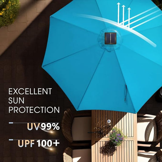 wikiwiki 9ft Solar Led Patio Umbrella, Sturdy Outdoor Market Umbrella for Deck, Pool, Garden w/Tilt, Crank, 32 LED Lights, Sky Blue