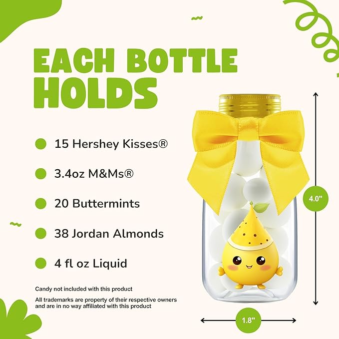 Small 12 Pack Lemon Party Favors - DIY Candy Jars with Ribbons and Stickers - Party Decoration Bottles for Wedding, Birthday, Classroom, and Baby Shower - Lemon Table Centerpiece for Kids