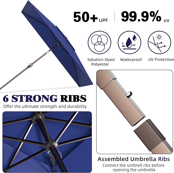 6.6x10ft Rectangular Patio Umbrella, 2 Tiers Outdoor Table Umbrellas with Push Button Tilt and Crank for Patio, Pool, Backyard, Deck, Picnic, Yard (Navy)