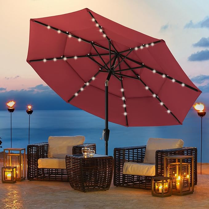 ABCCANOPY 3 Tiers 11FT Solar Led Lighted Patio Umbrellas (Burgundy)