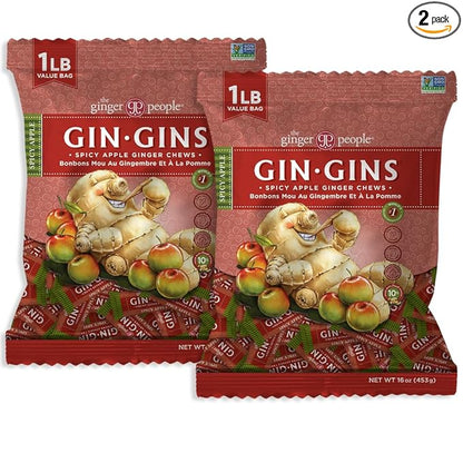 GIN GINS Spicy Apple Ginger Chews – Natural Fresh Ginger Candy by The Ginger People – Individually Wrapped Healthy Candy – Spicy Apple Ginger Flavor – Large 1 lb Bag (16oz) – Pack of 2