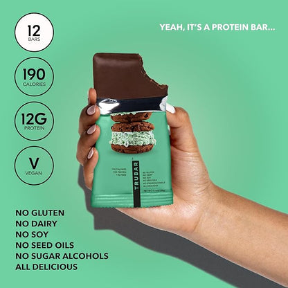 TRUBAR Vegan Protein Bar, It’s Mint to Be Chip, Gluten Free, Plant Based High Fiber, Dairy Free, Low Fat, No Sugar Alcohols, 12G Lean Protein, 13G Fiber, Healthy Snack Bars, 12 CT