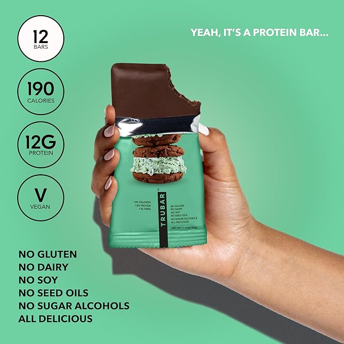 TRUBAR Vegan Protein Bar, It’s Mint to Be Chip, Gluten Free, Plant Based High Fiber, Dairy Free, Low Fat, No Sugar Alcohols, 12G Lean Protein, 13G Fiber, Healthy Snack Bars, 12 CT