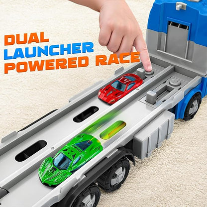 Dinosaur Truck Toys for Boys, Foldable Track Monster Trucks with 6 Mini Alloy Cars - Race Car Toys for Toddlers 2-4, 3-5 Years Transport Carrier for Kids Boys & Girls Play Set
