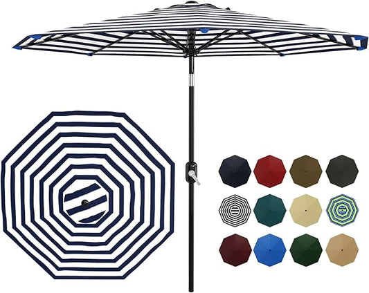 9Ft Patio Umbrella - 8 Sturdy Ribs Outdoor Table Umbrella with Crank Lift & Push Button Tilt - Market Umbrella for Pool, Deck, Yard, Garden - Light blue & White Stripe